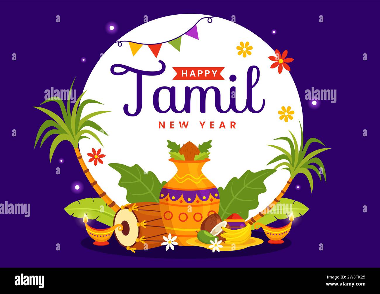 Happy Tamil New Year Vector Illustration with Vishu Flowers, Coconut