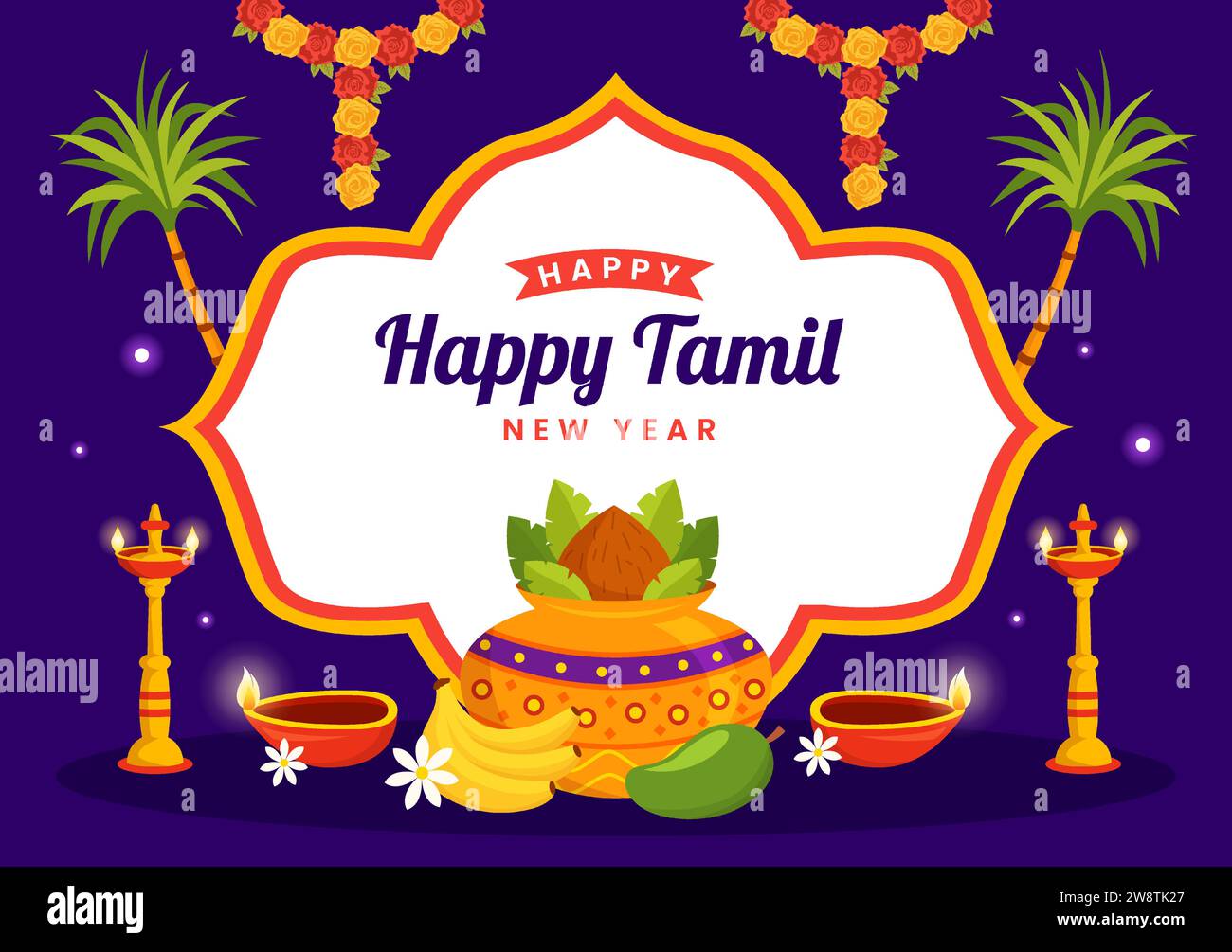 Happy Tamil New Year Vector Illustration with Vishu Flowers, Coconut