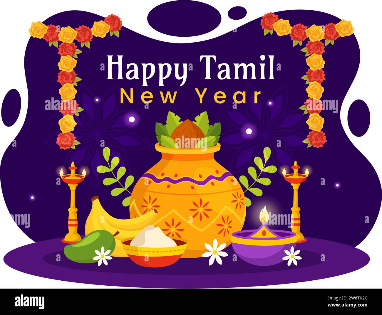 Happy Tamil New Year Vector Illustration with Vishu Flowers, Coconut