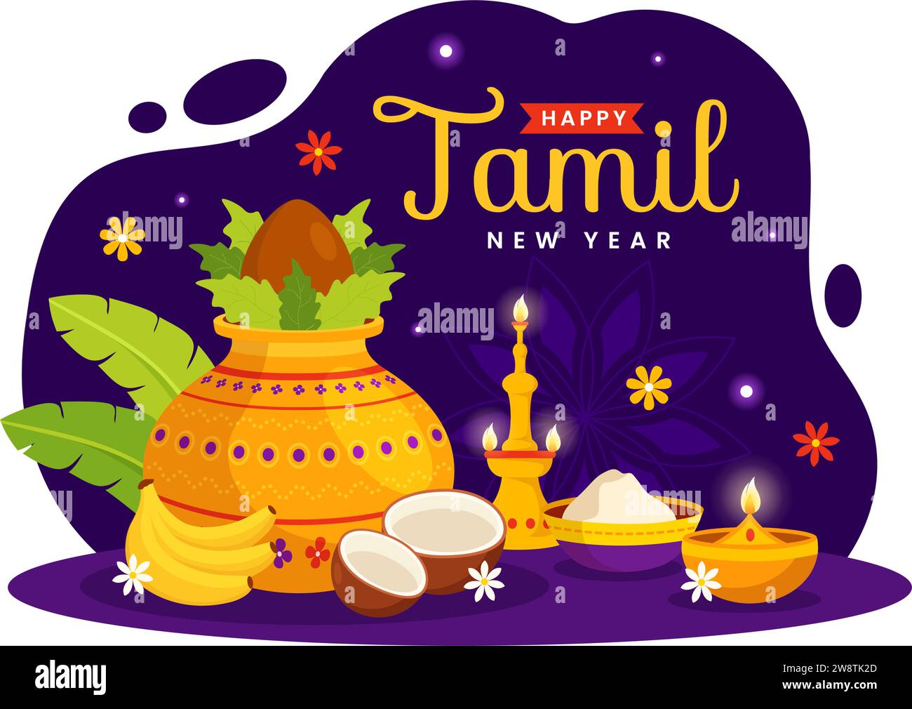 Happy Tamil New Year Vector Illustration with Vishu Flowers, Coconut