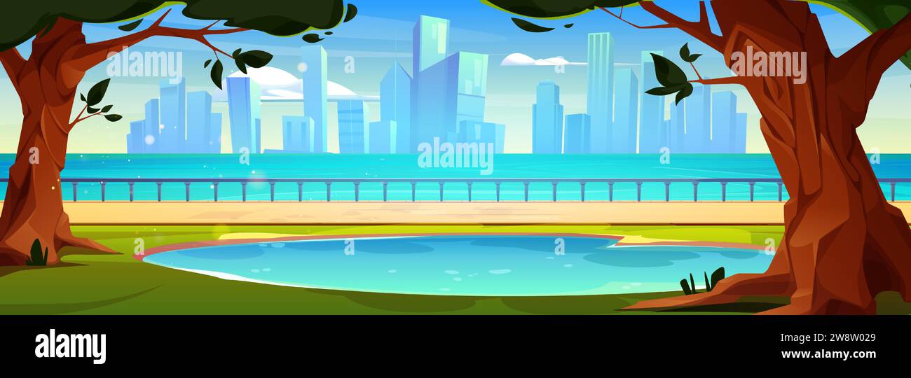 Cartoon city landscape with river, city park with little lake and green grass and trees, pathway and handrail on embankment street. Vector urban summer scenery of public garden on waterfront. Stock Vector