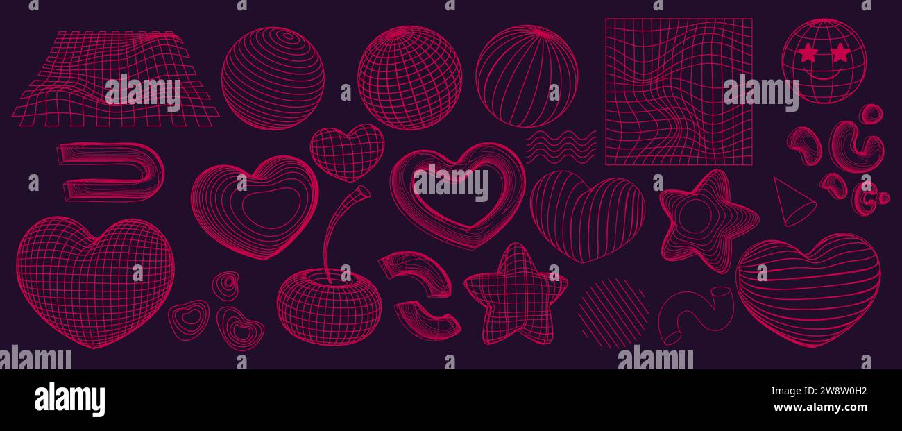 Abstract red wireframe shapes set isolated on background. Vector illustration of 3D grid geometric icons, y2k mesh globe, heart, cherry, star, cone, landscape structure design, cyber space elements Stock Vector