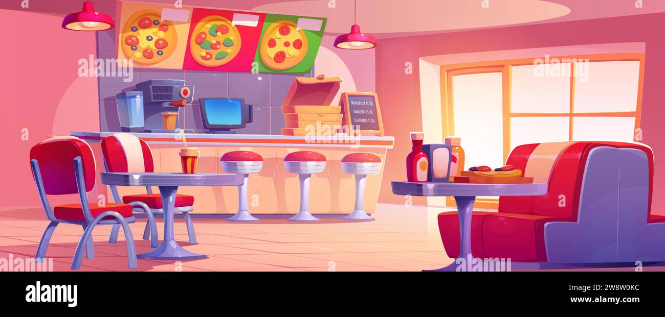 Pizzeria interior with furniture and equipment tables and chairs