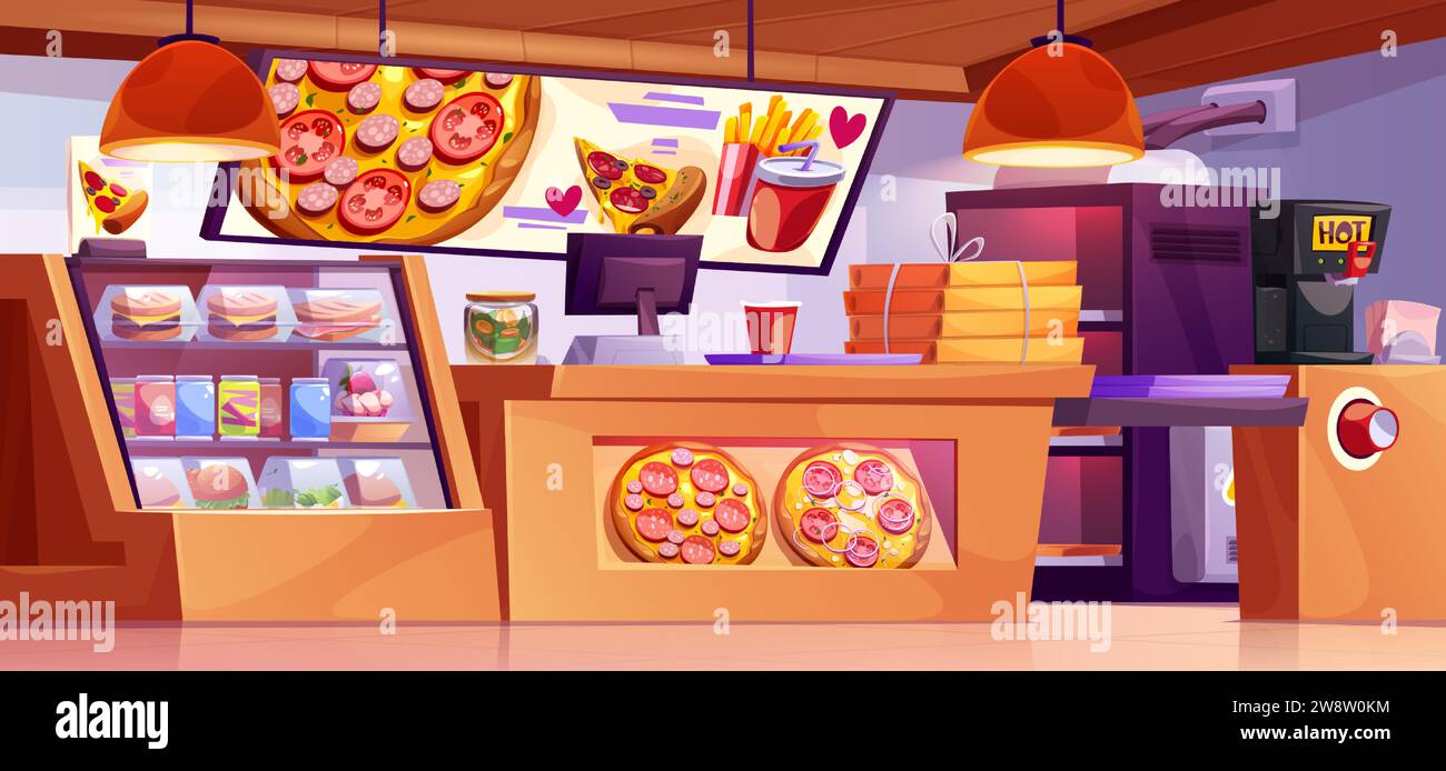 Pizzeria interior with bar counter and cashier machine, oven and
