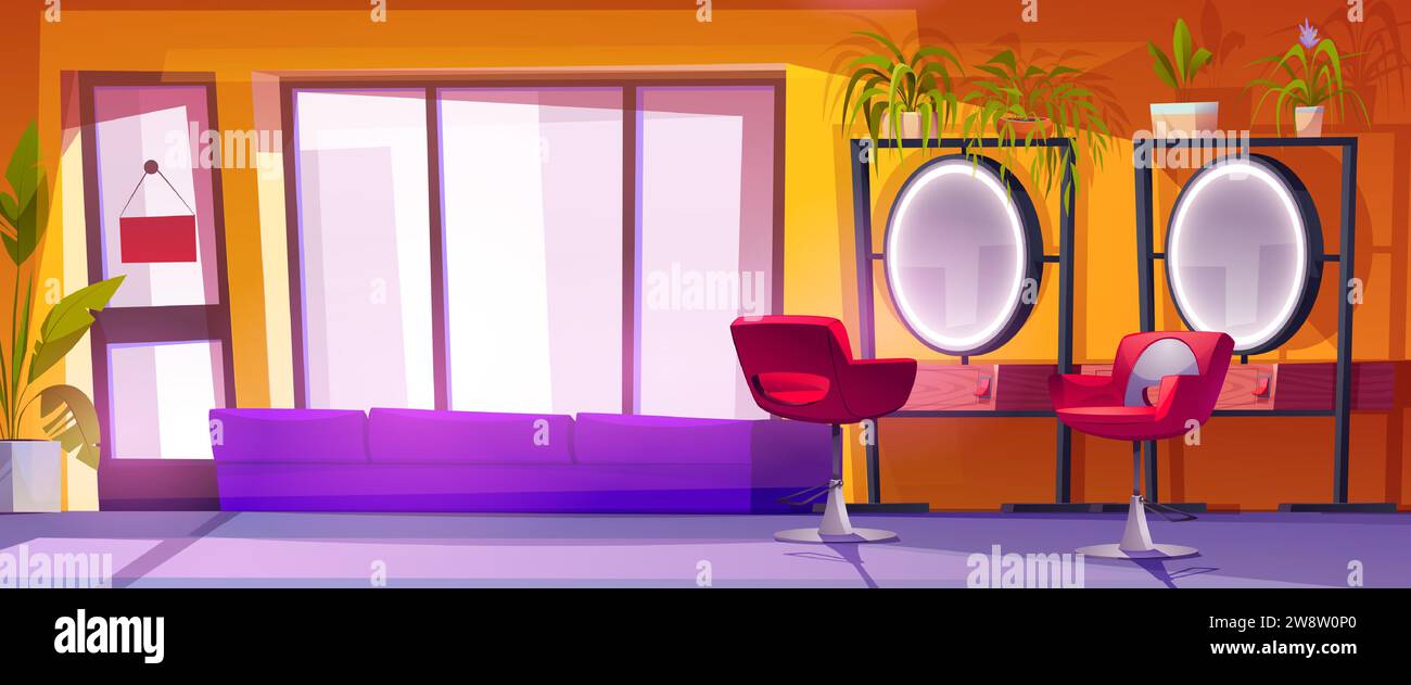 Beauty salon interior with armchair and mirror with table and drawer, sofa and green plants in pots, glass door and window. Cartoon vector illustration of empty hairdresser workplace room. Stock Vector