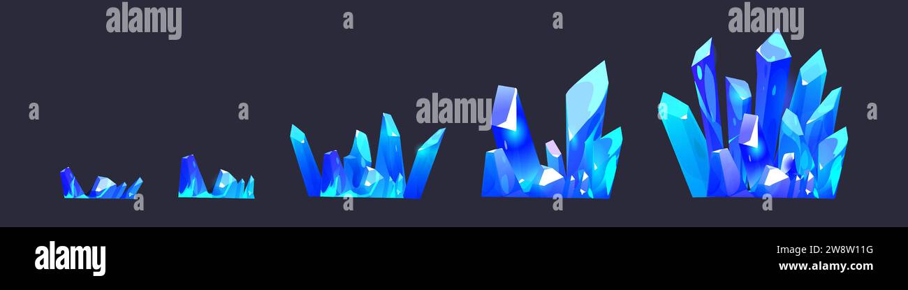 Clusters of blue shining gemstone crystals for game level rank ui design. Cartoon rpg assets of growing pile of bright diamond raw material rocks. Vector illustration of mining treasure and jewel. Stock Vector