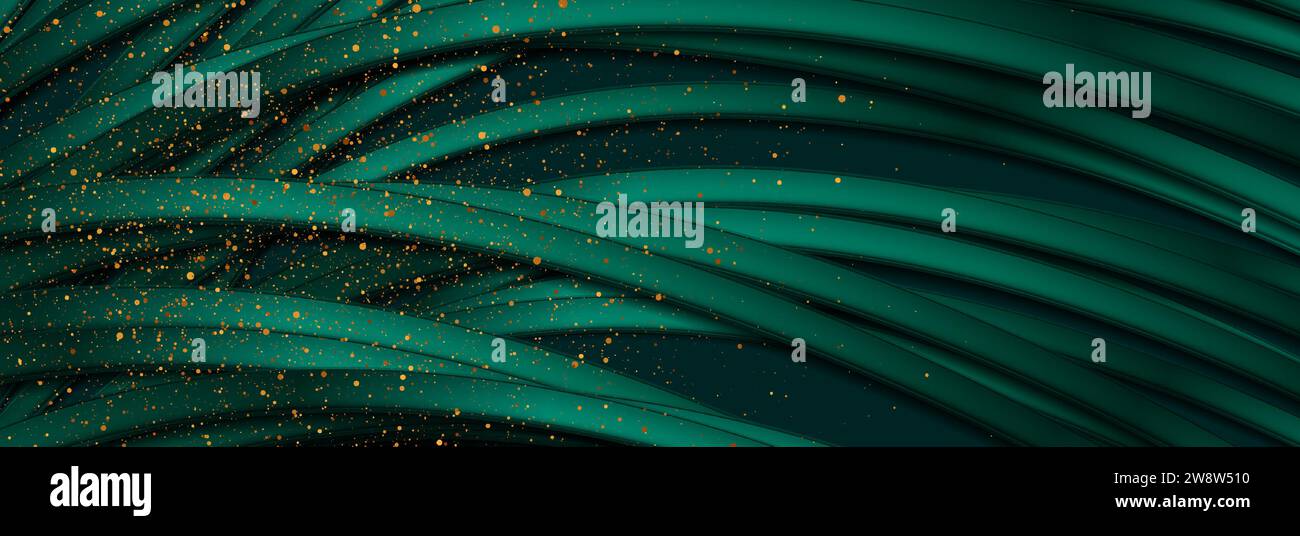 Luxury abstract background with dark green glossy waves and golden dots ...