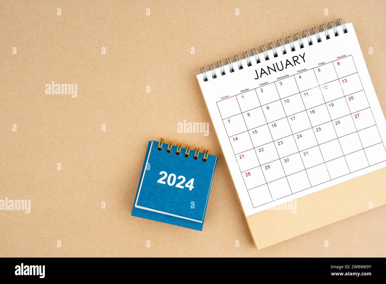 January 2024 desk calendar on brown color background, position with
