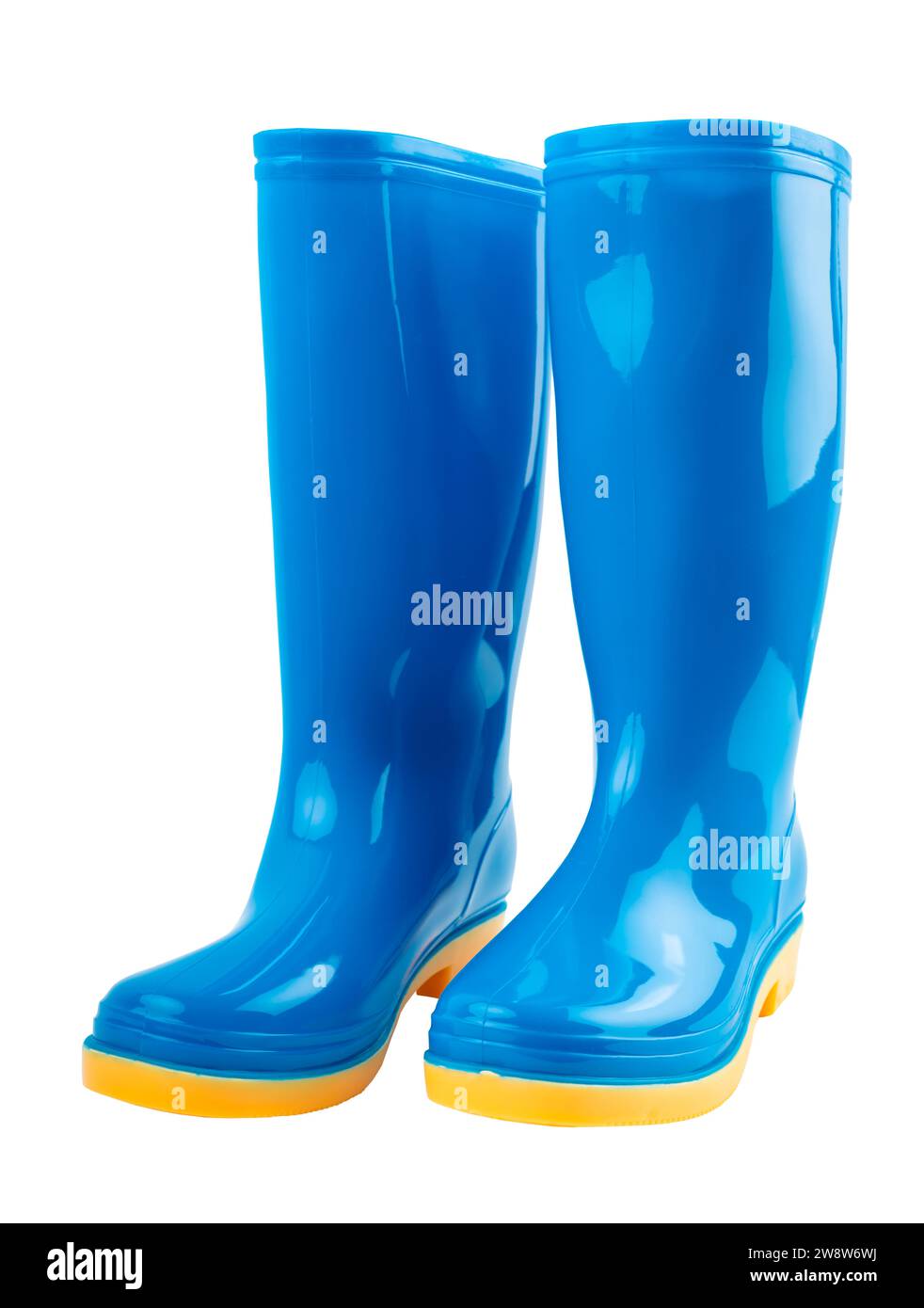 Pair of blue and yellow rubber boots isolated on white background ...