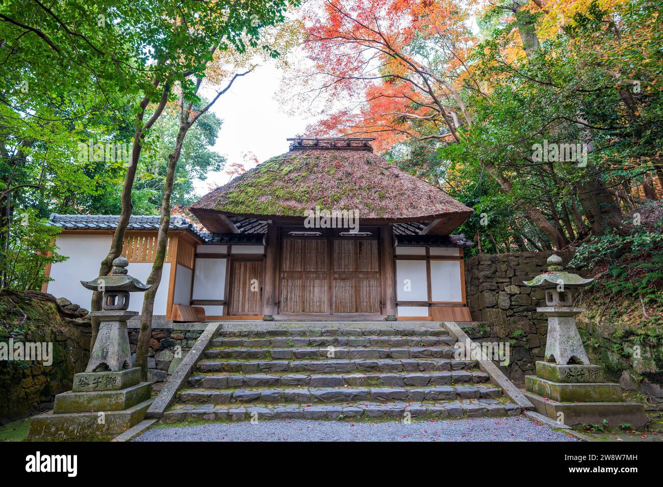 Gate to Honen-in Temple. Maple trees turn red in autumn. Kyoto, Japan. Stock Photo