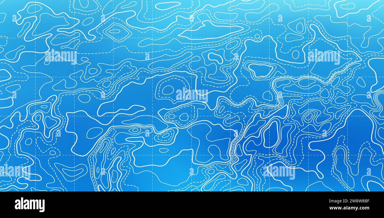 Ocean bottom topographic line map curvy wave isolines vector illustration. Sea depth topographic landscape surface for nautical radar readings. Cartog Stock Vector