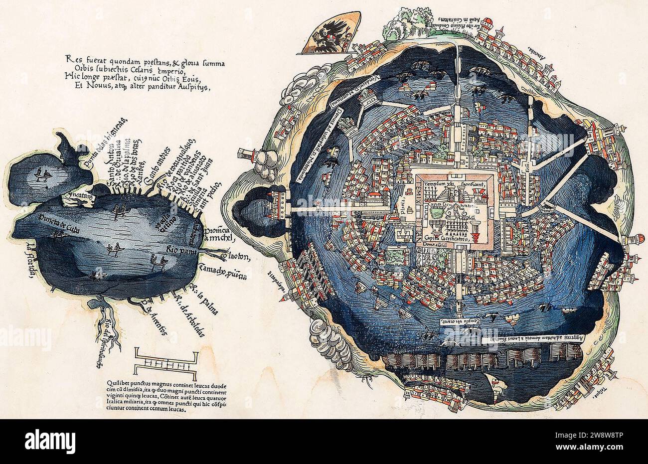 First European Map of Tenochtitlan by Friedrich Peypus, printed 1524 in Nuremberg, Germany. Colorized woodcut. On the left, the Gulf of Mexico (South is at the top, part of Cuba left); on the right, Tenochtitlan with West at the top. Stock Photo