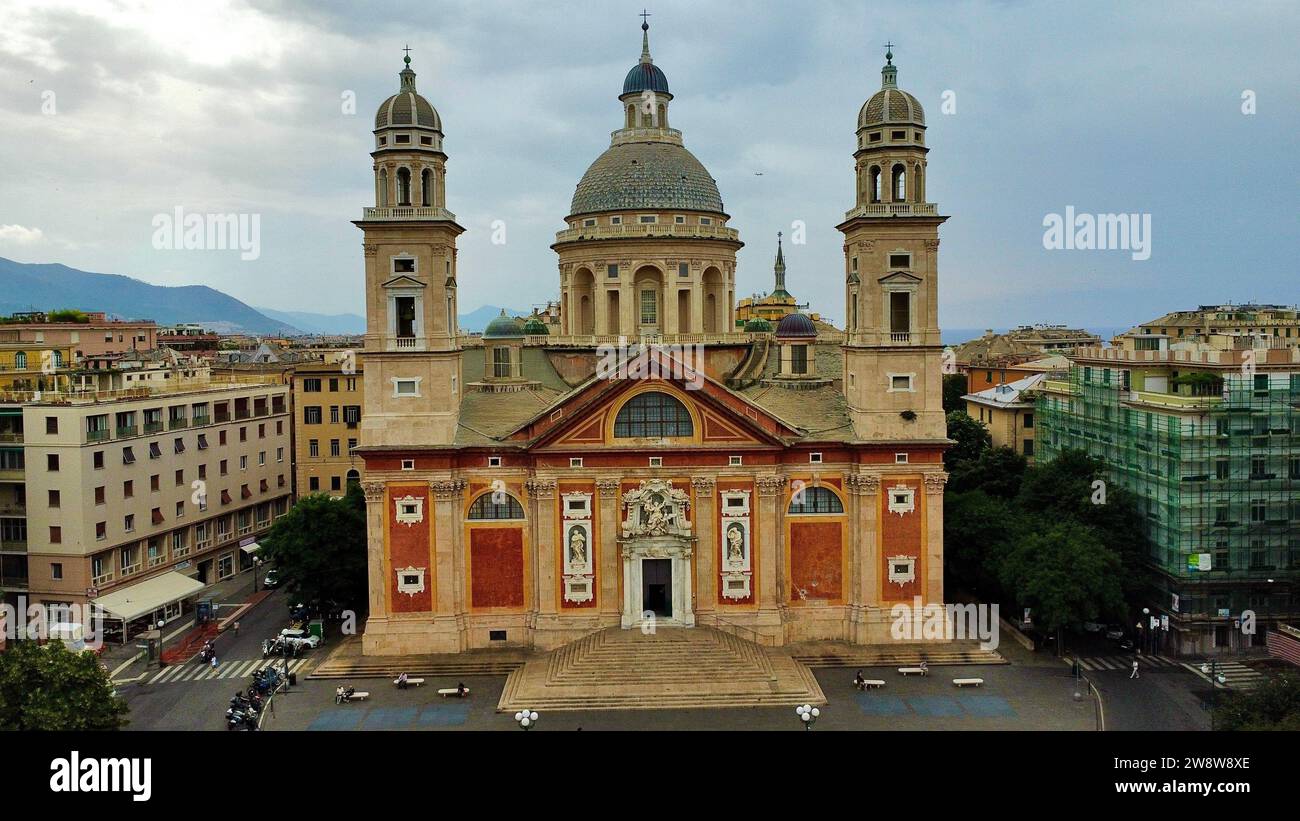 drone photo Basilica di Santa Maria Assunta Carignano Genoa Italy Europe Stock Photo