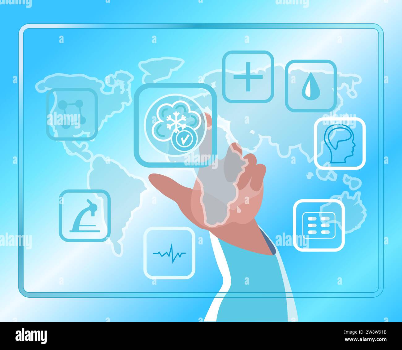 Cryotechnology in modern medicine. Doctors hand presses freeze button in futuristic interface. International research centers. World map. Vector illustration Stock Vector