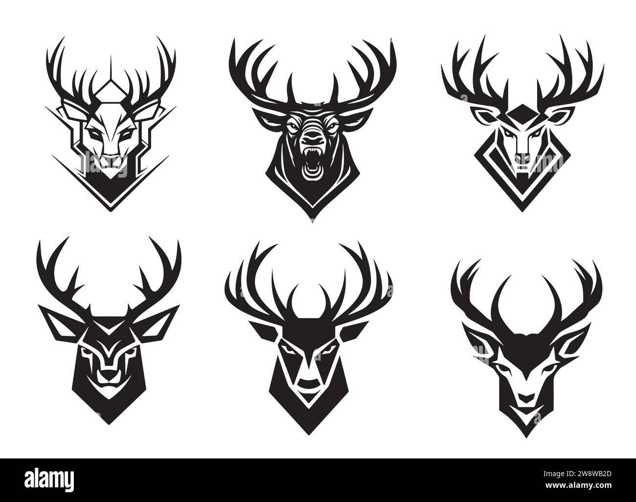 Set of deer heads with open mouth and bared fangs, with different angry