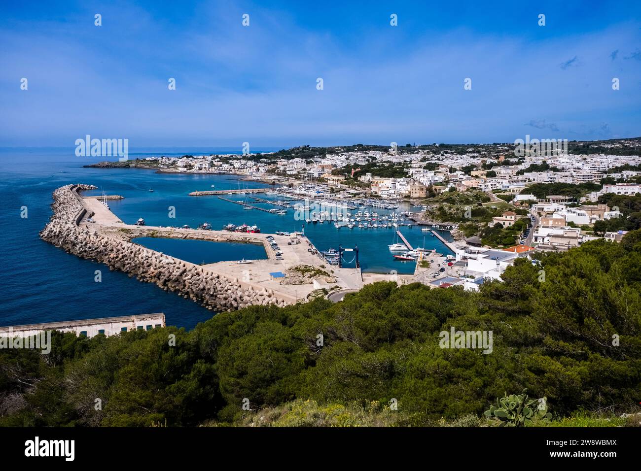 Aerial view on harbour and town of the small town of Santa Maria di Leuca. Stock Photo