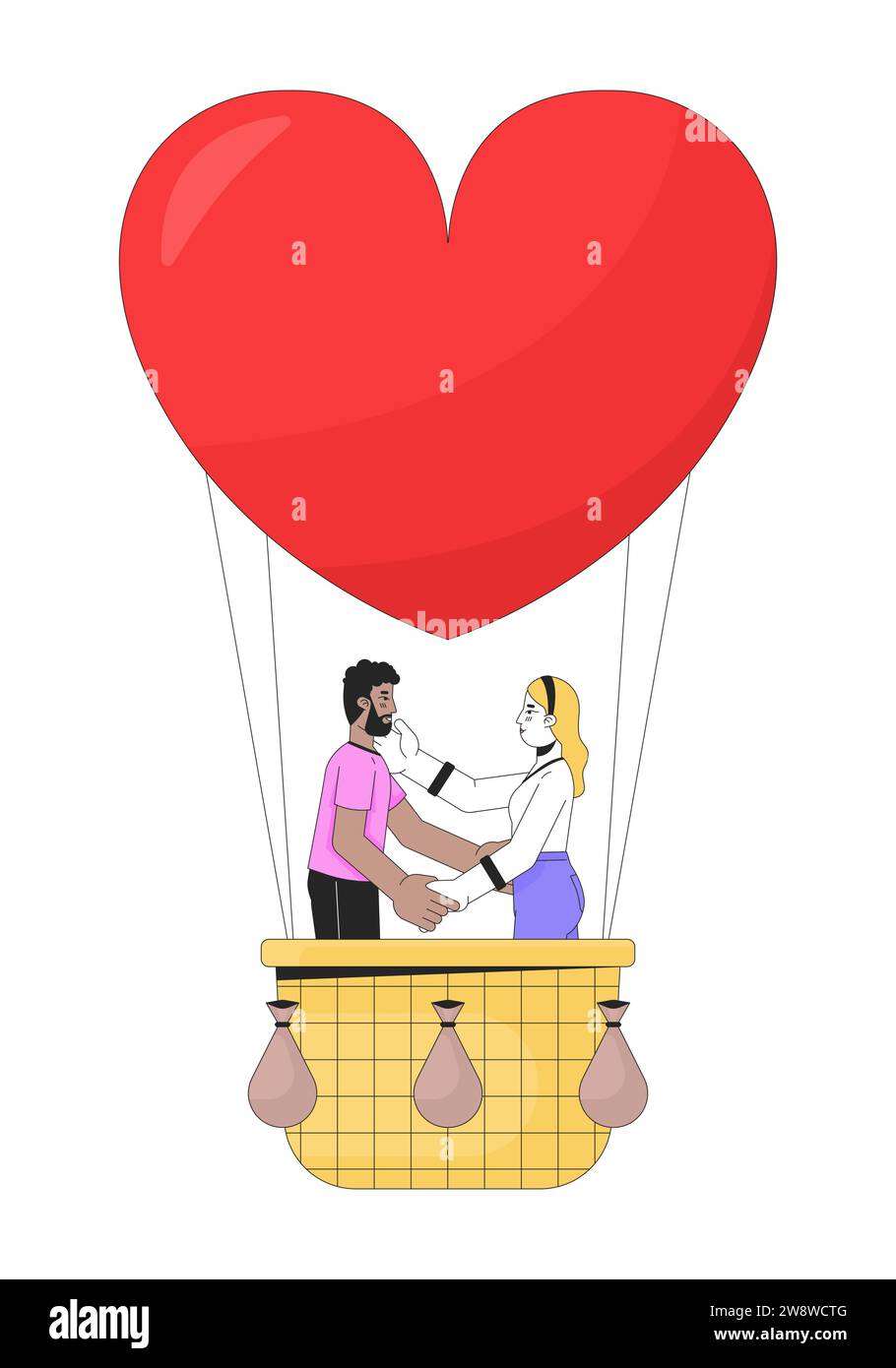 Interracial couple floating on hot air balloon 2D linear cartoon characters Stock Vector