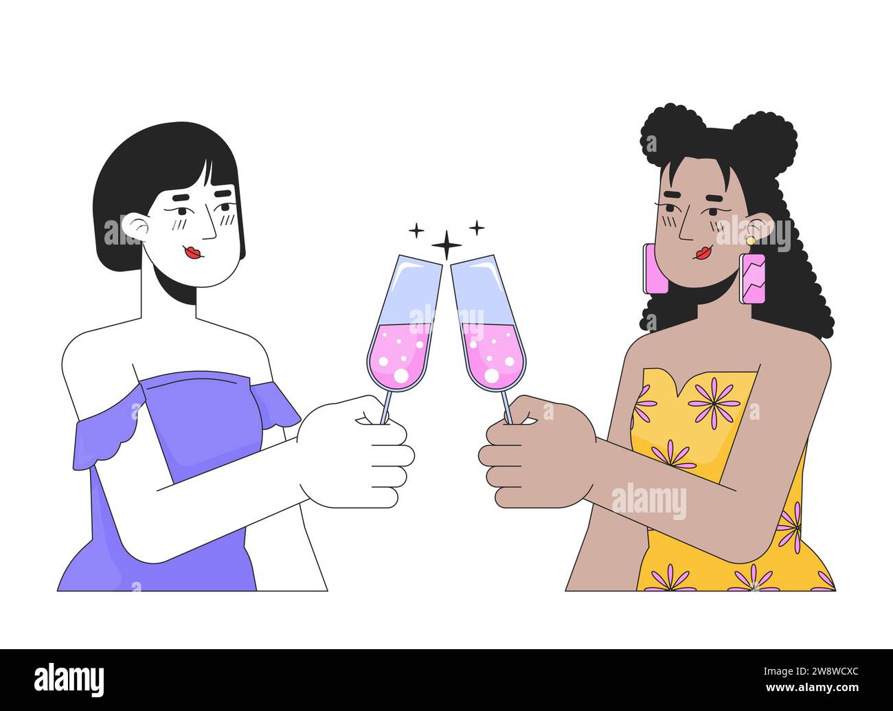 Girlfriends lesbians clinking glasses 2D linear cartoon characters Stock Vector