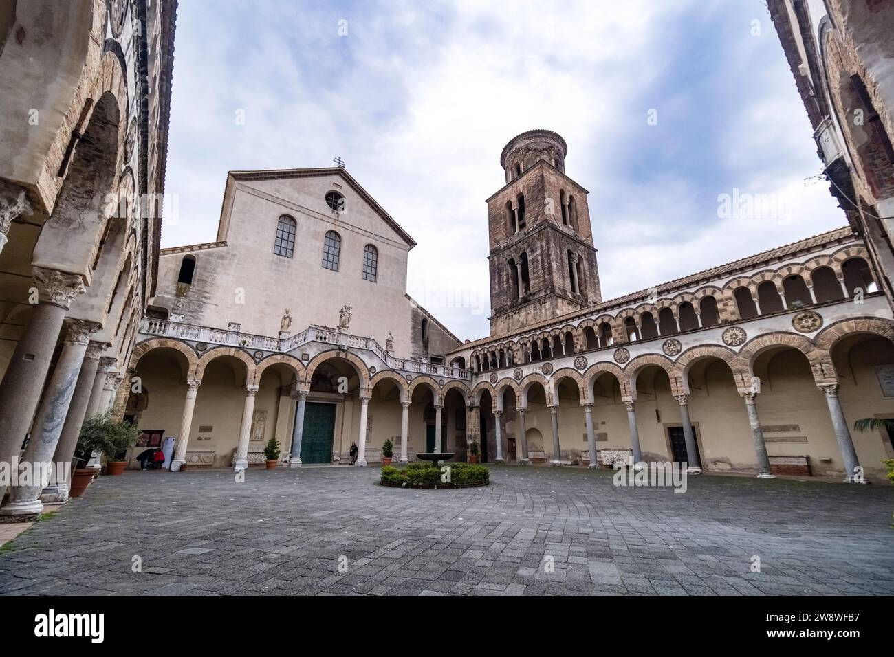 Inner courtyard and cloister of Salerno Cathedral with St Matthew's and bell tower. Stock Photo