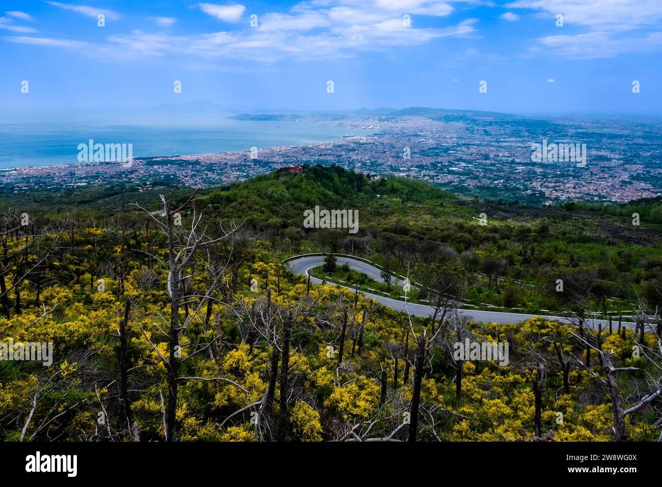 Aerial view on the bay and town of Naples from the wooded slopes of the volcano Vesuvius. Stock Photo