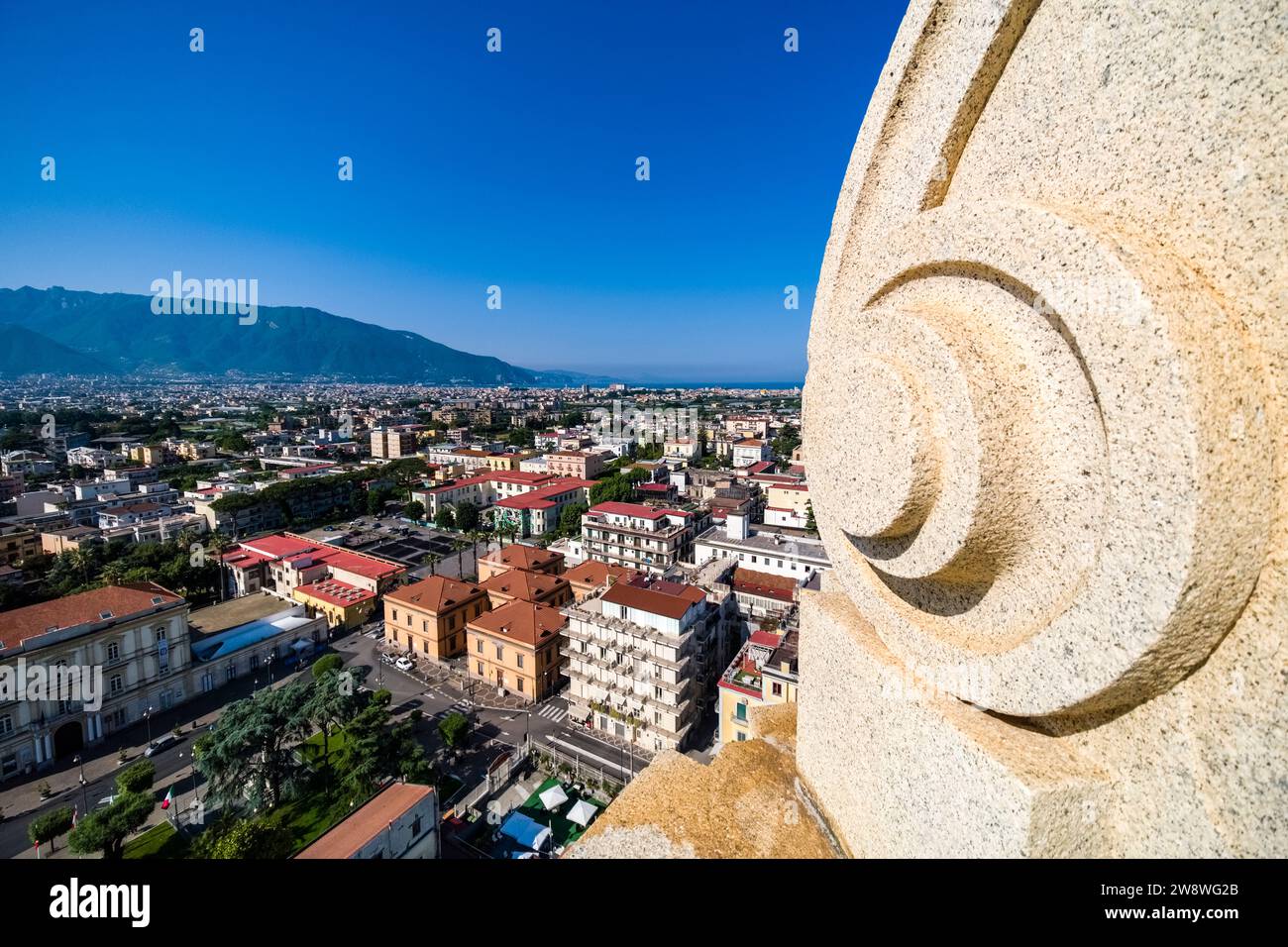 Aerial view of the buildings of the town Pompeii, seen from the bell tower of the church Santuario della Beata Vergine del Santo Rosario. Stock Photo