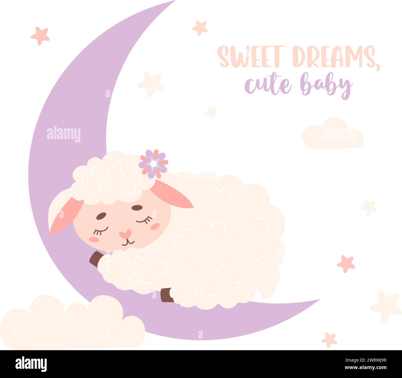 Cute little sleeping animal sheep on moon. Vector illustration in pastel colors. Kids collection Stock Vector