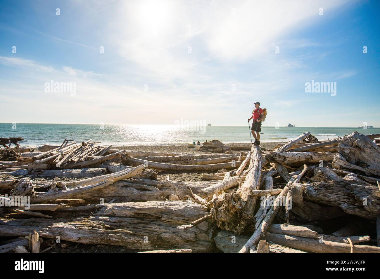 Backpacker standing on logs Rialto Beach, Olympic National Park Stock Photo