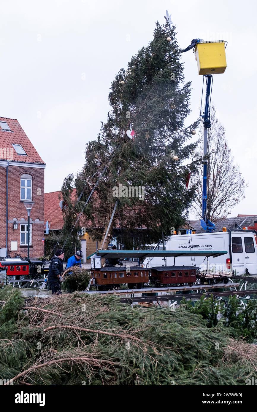 The Christmas tree is cut down after it overturned in the storm in Aakirkeby, on the isle of Bornholm, Denmark, Friday December 22, 2023. The storm Pia hit Denmark Thursday and Friday Stock Photo
