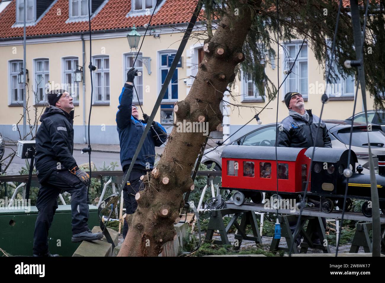 The Christmas tree is cut down after it overturned in the storm in Aakirkeby, on the isle of Bornholm, Denmark, Friday December 22, 2023. The storm Pia hit Denmark Thursday and Friday Stock Photo