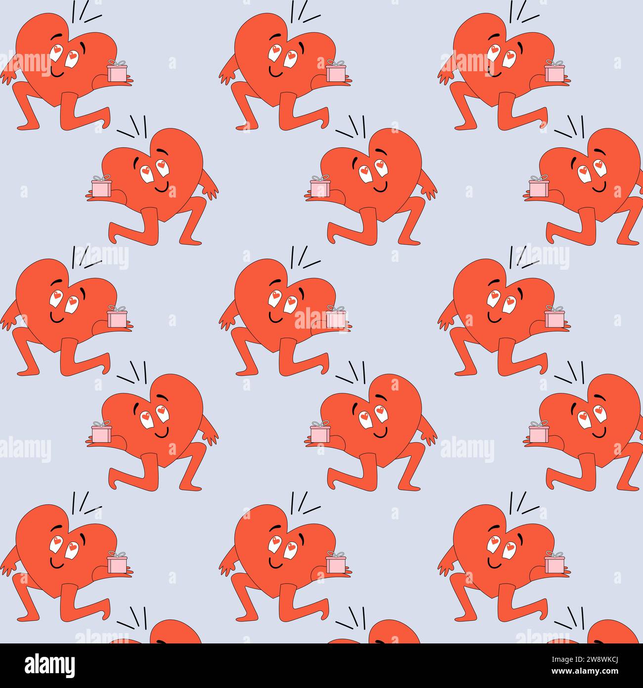 Simple seamless pattern with heart character making a proposal. Vector design for Valentines day. Stock Vector