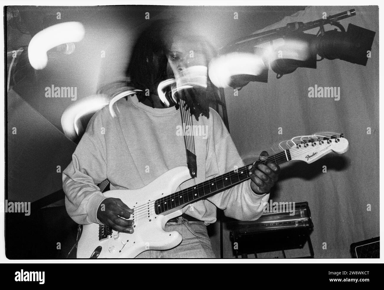 DR PHIBES AND THE HOUSE OF WAX EQUATIONS, CARDIFF, 1993: Singer and guitarist  Lawrence Howard King Jr. of the psychedelic indie rock band Dr Phibes and the House of Wax Equations playing live at the Terminal at Cardiff University on 5 March 1993. Photo: Rob Watkins. EXTRA INFO: On 16 February 1997, Lawrence Howard King Jr. was charged by North Wales Police for the murder of his mother, Avril Fiona King, two days earlier at their shared home in Connah's Quay in north east Wales. King Jr., who stabbed and beat his mother, was jailed for life at Caernarfon Crown Court. Stock Photo