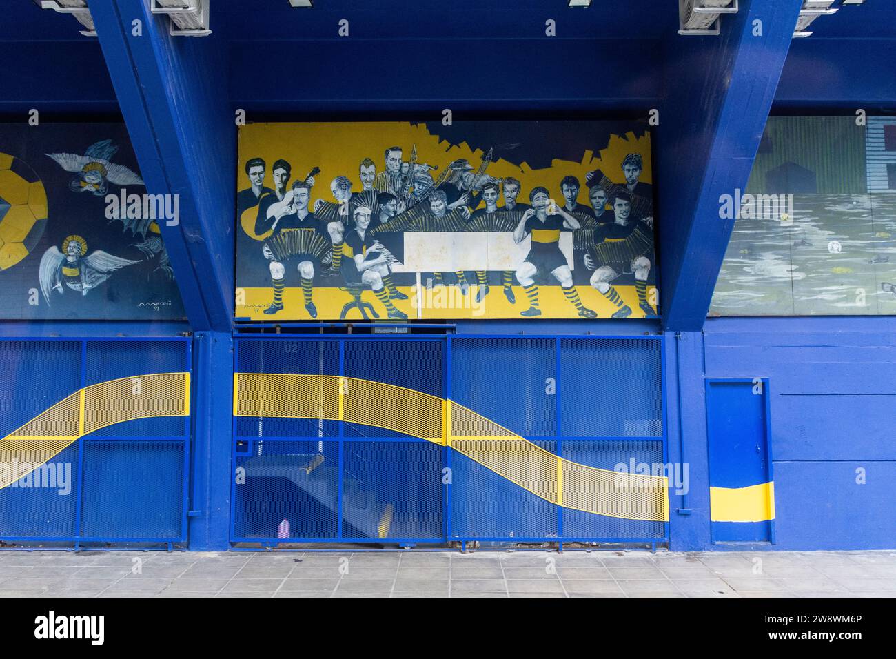 View to blue and yellow La Bombonera soccer stadium of Boca Juniors Stock Photo