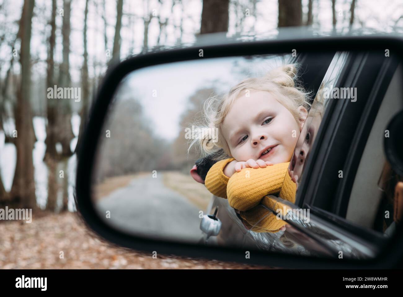 Child looking out car window with pet dog on winter drive Stock Photo
