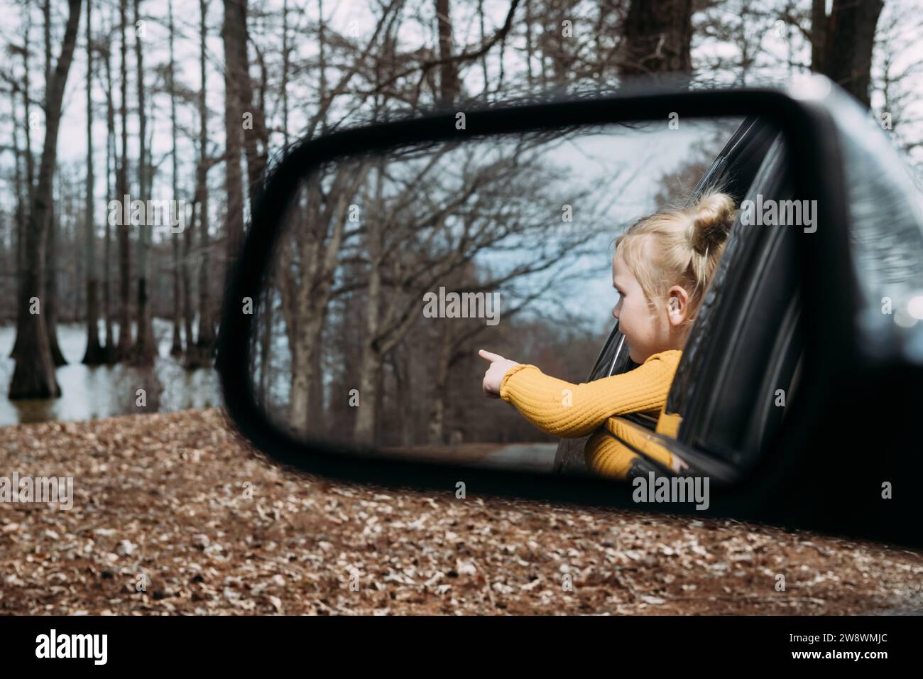 Young child looking out car window pointing at scenery Stock Photo