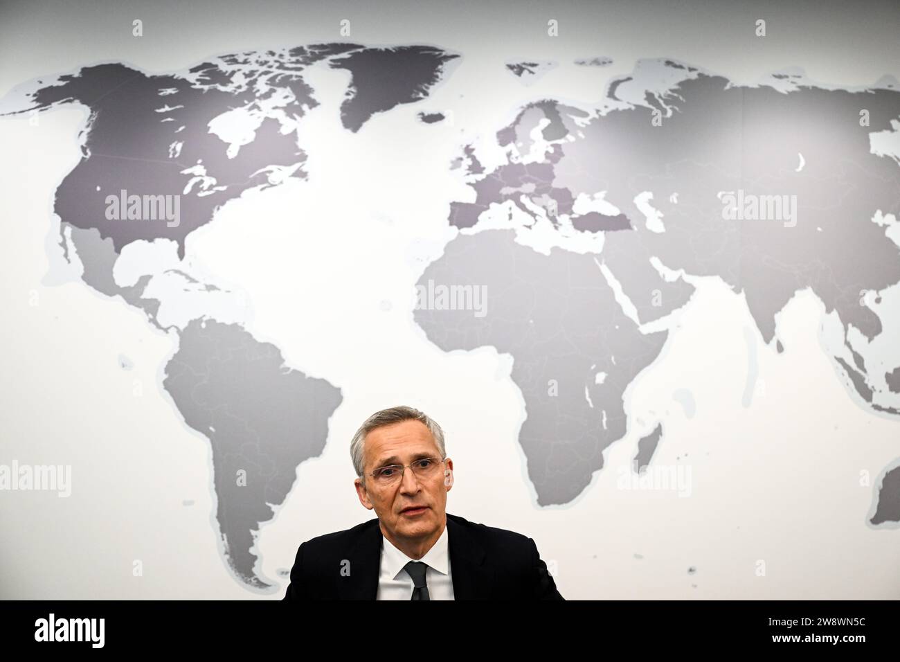 FILED - 07 December 2023, Belgium, Brüssel: Jens Stoltenberg, NATO Secretary General, answers questions at NATO headquarters during an interview with the German Press Agency. (to dpa: 'NATO Secretary General considers Putin's war goal no longer achievable') Photo: Federico Gambarini/dpa Stock Photo