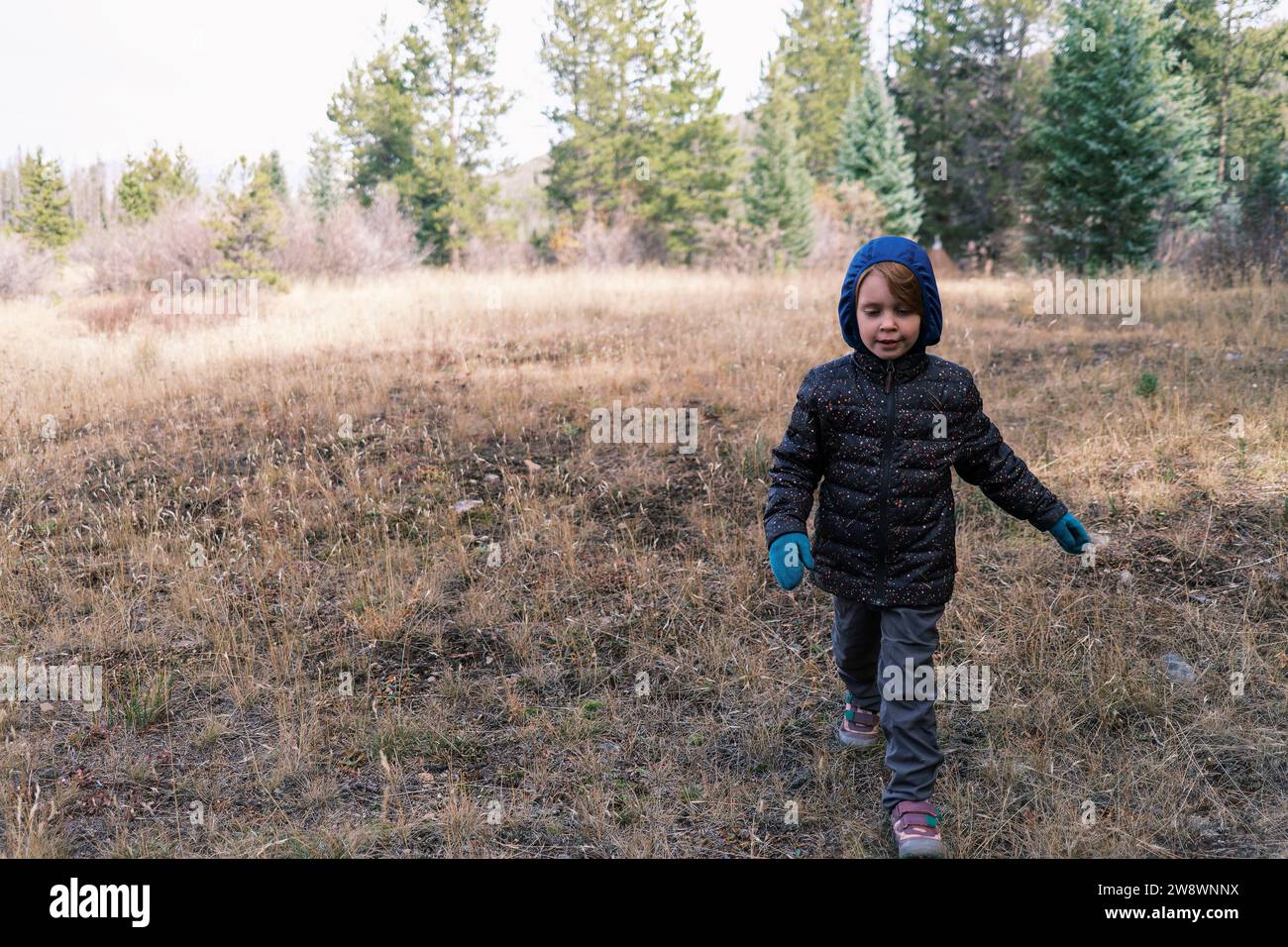 Happy child walking through grassland on a fall day Stock Photo