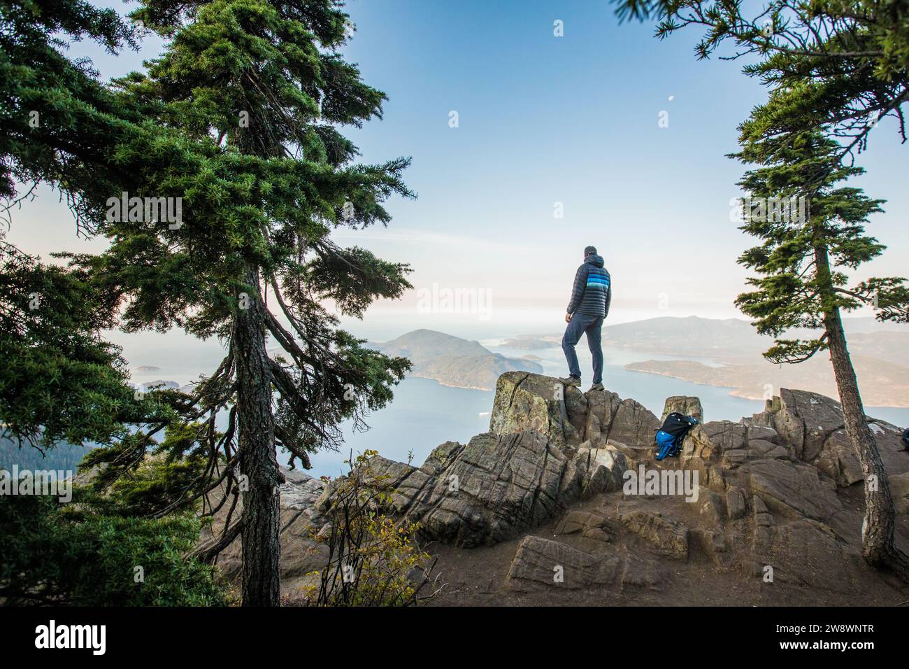 Hiker standing on Saint Marks Summit, Vancouver, Canada Stock Photo