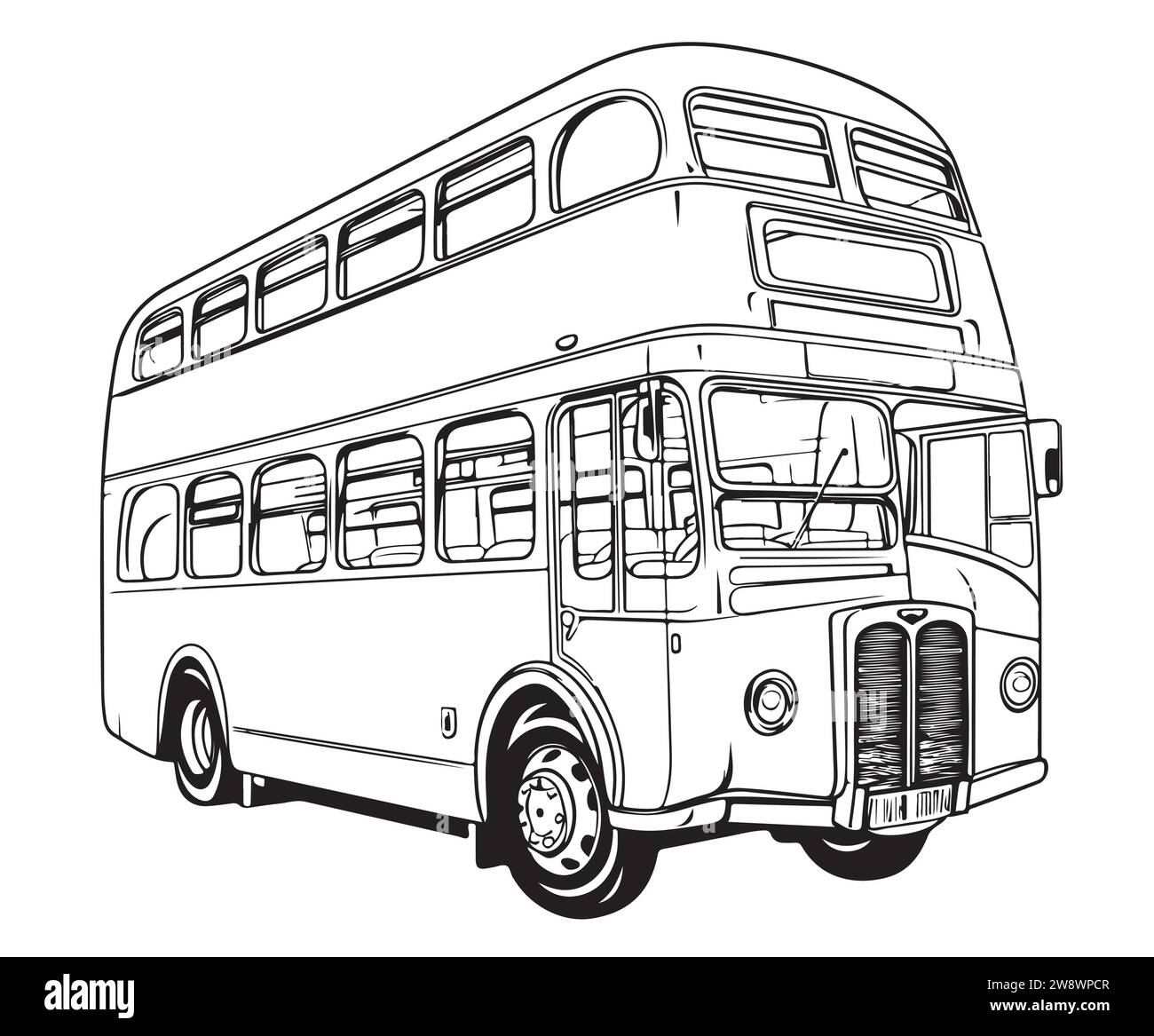 London double-decker modern bus pencil drawing with front view. Red bus. Stock Vector