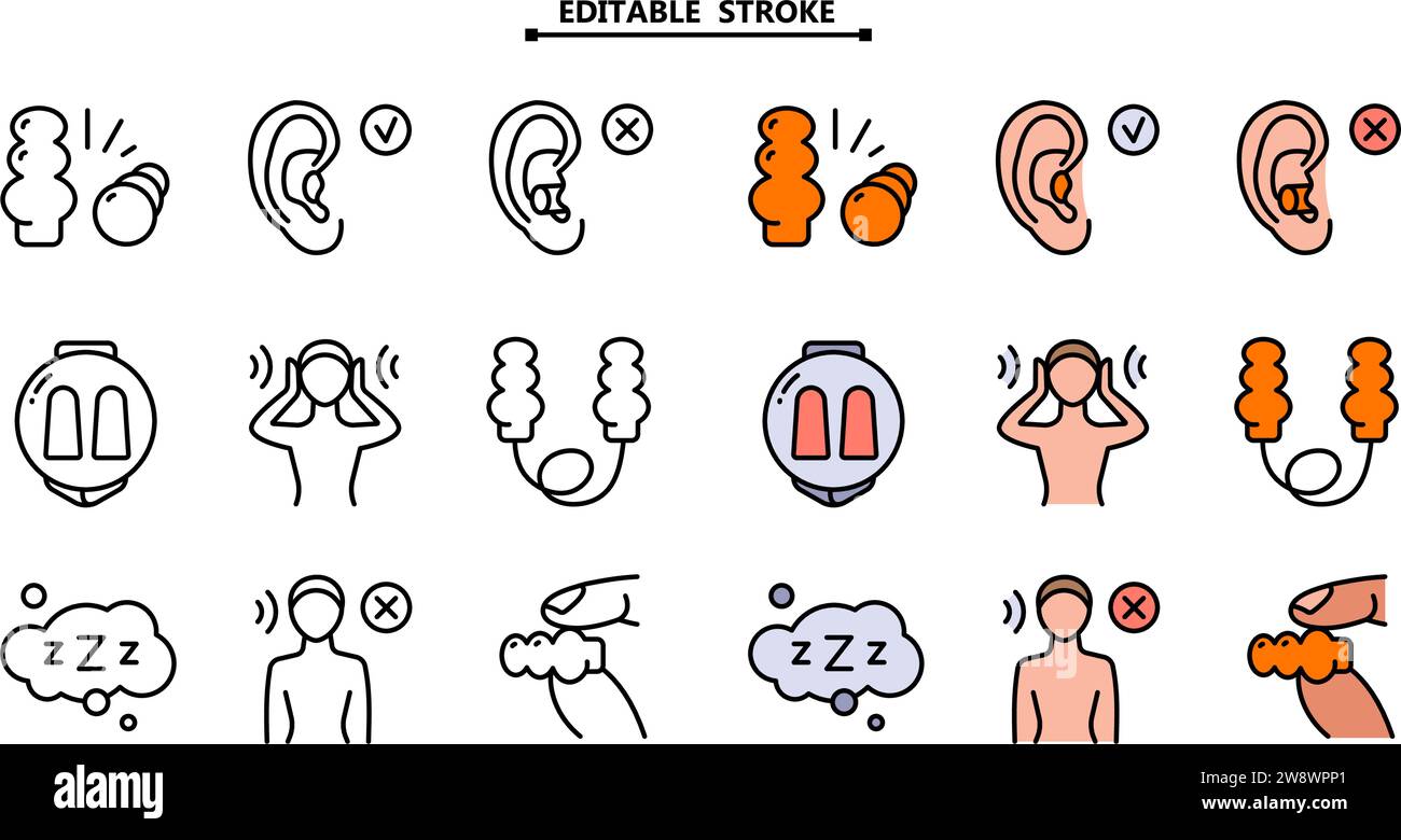 Earplugs flat icons set. Editable stroke. Healthy sleep without snore
