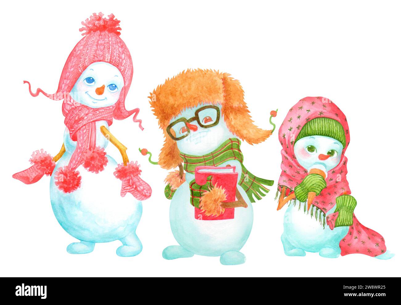 Cute cartoon snowmen children in warm winter hats and mittens. Isolated ...