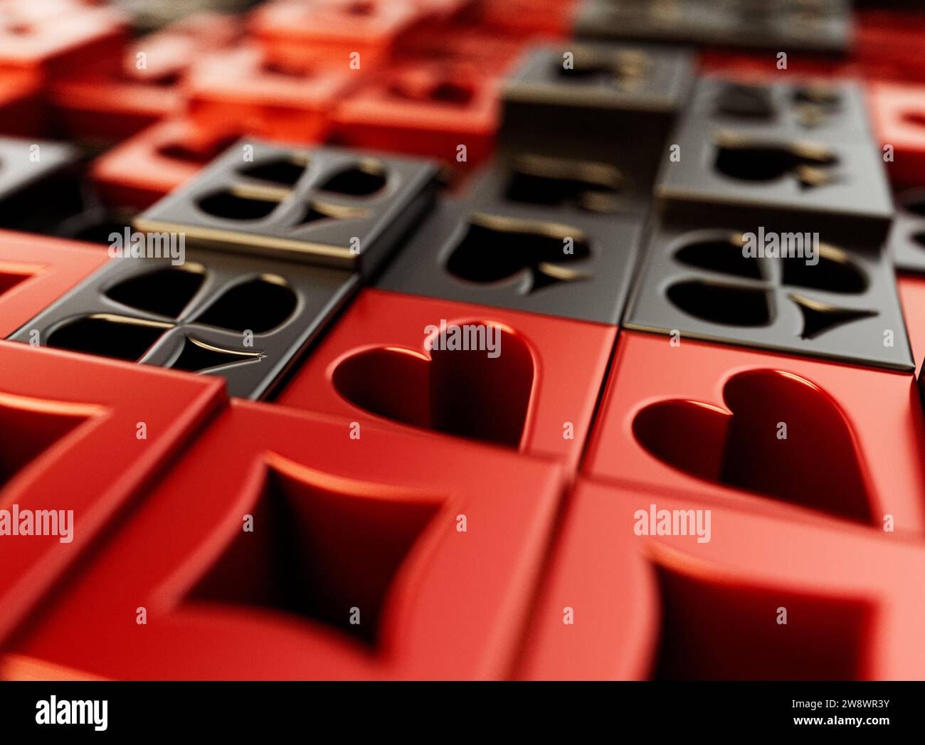 An extruded array of black and red casino card heart, diamond, spade, and club symbols fon a falt surface - 3D render Stock Photo
