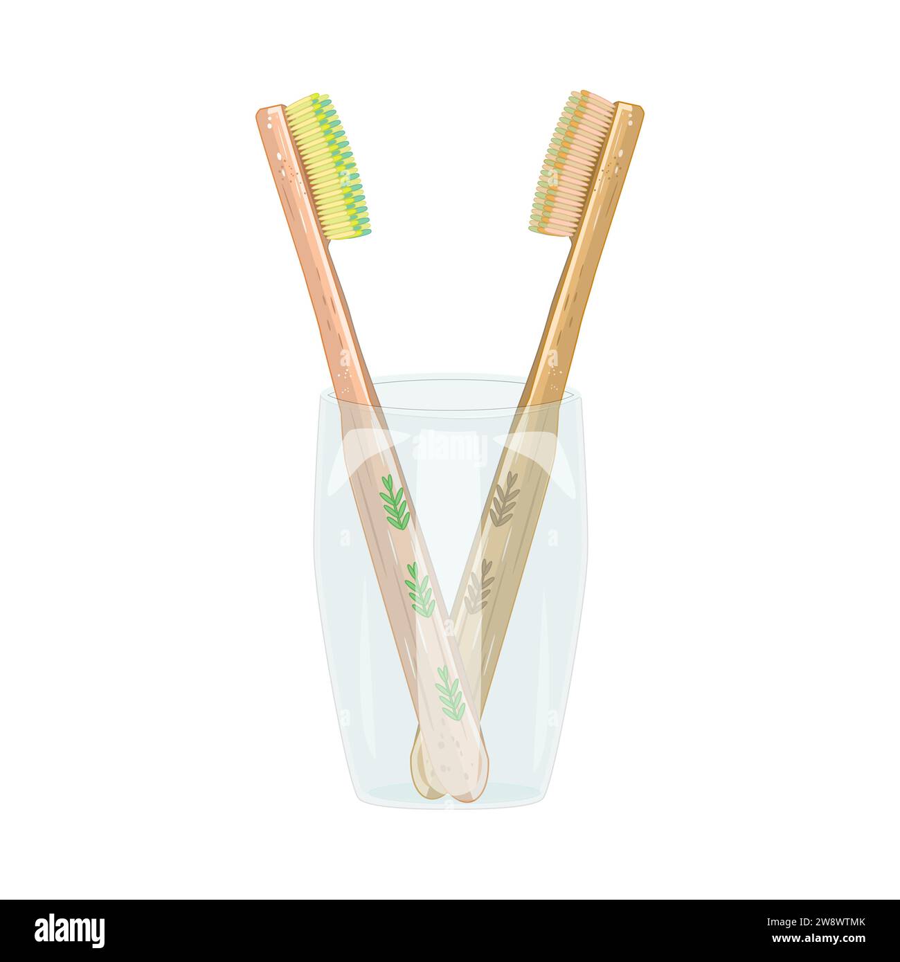 Toothbrushes in mug. Bamboo toothbrushes in glass. Oral hygiene and dental care item. Zero waste, reusable durable products, no plastic and eco living Stock Vector