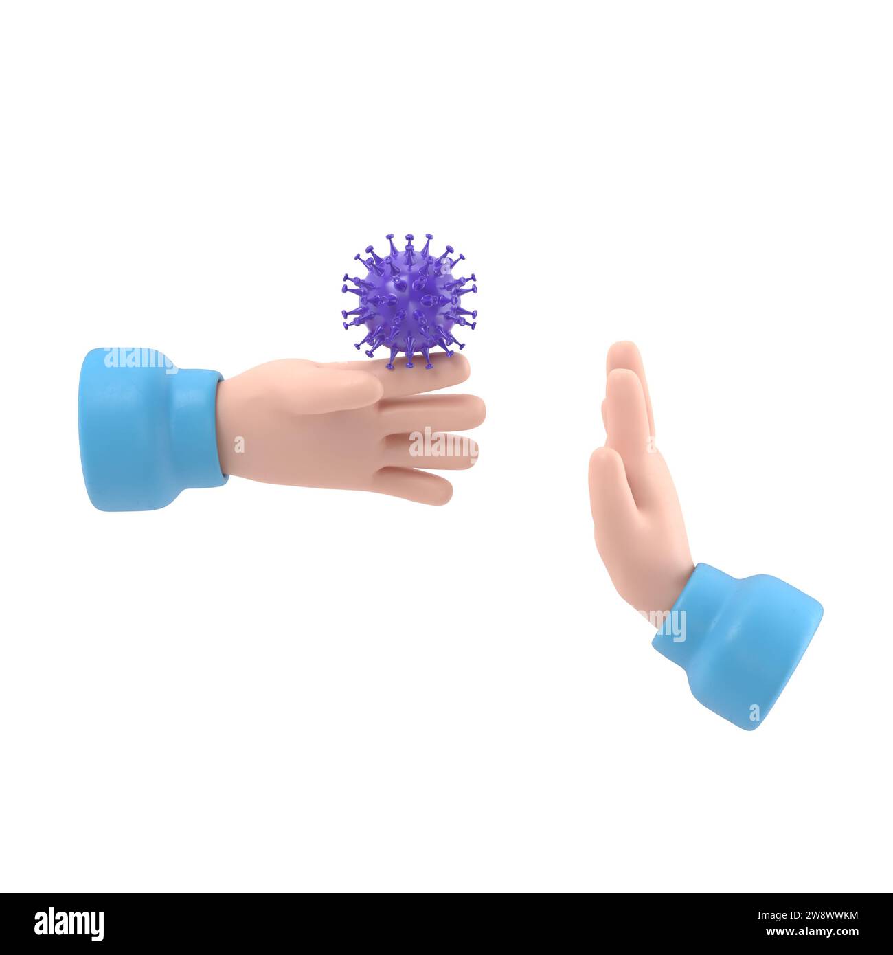 Bacteria on hand. Coronavirus transmitted through a handshake. Gesture No physical contact. 3d illustration cartoon flat design. Precautions and preve Stock Photo
