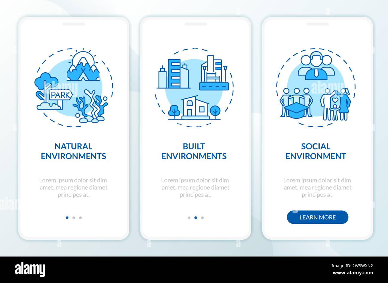 Walkthrough environmental psychology blue line icons concept Stock ...