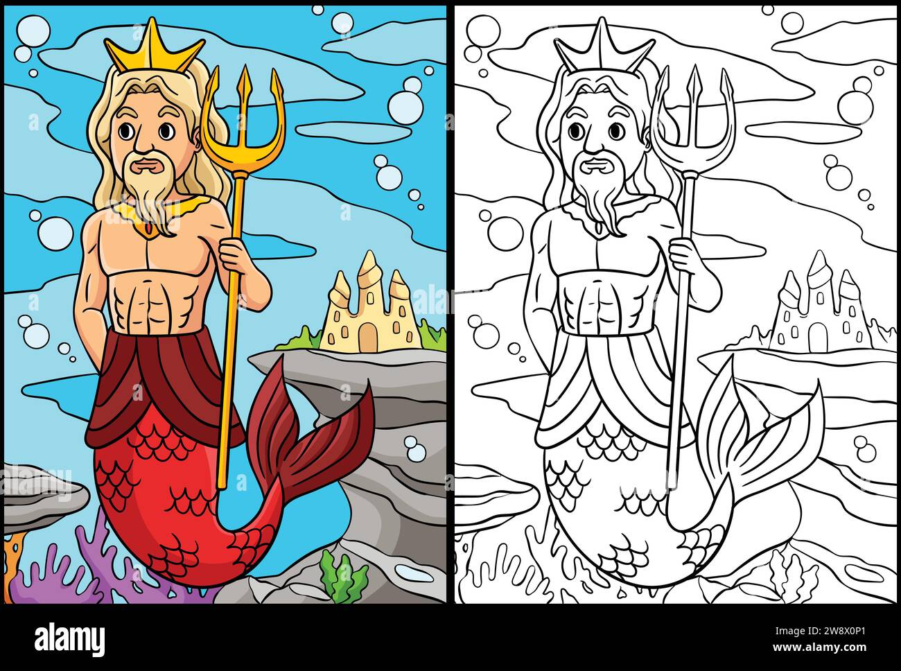 Merman King Coloring Page Colored Illustration Stock Vector Image & Art ...