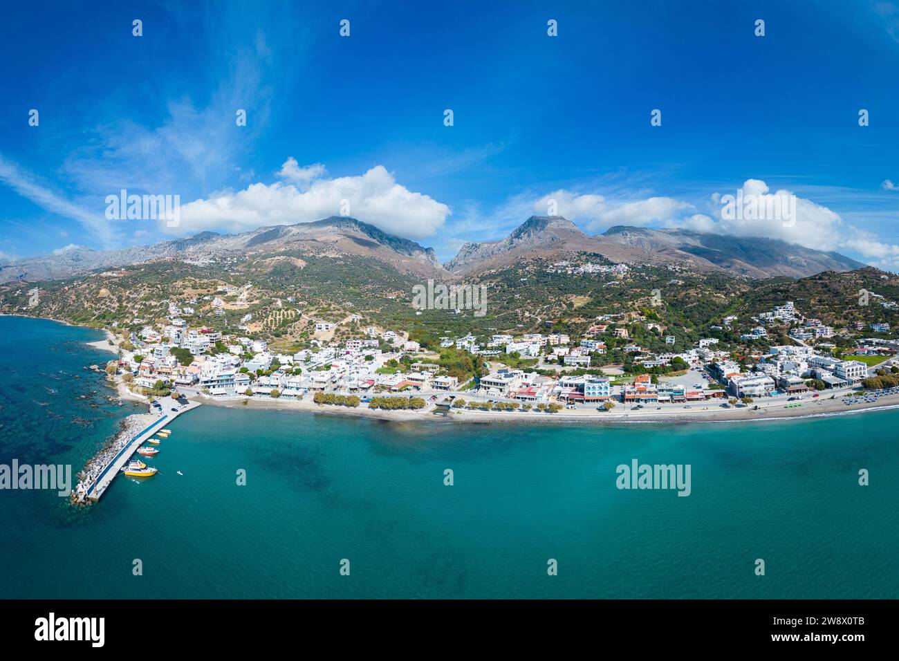 Aerial view to Plakias on the island of Crete in Greece, Europe during summer. Famous touristic travel destination. Stock Photo