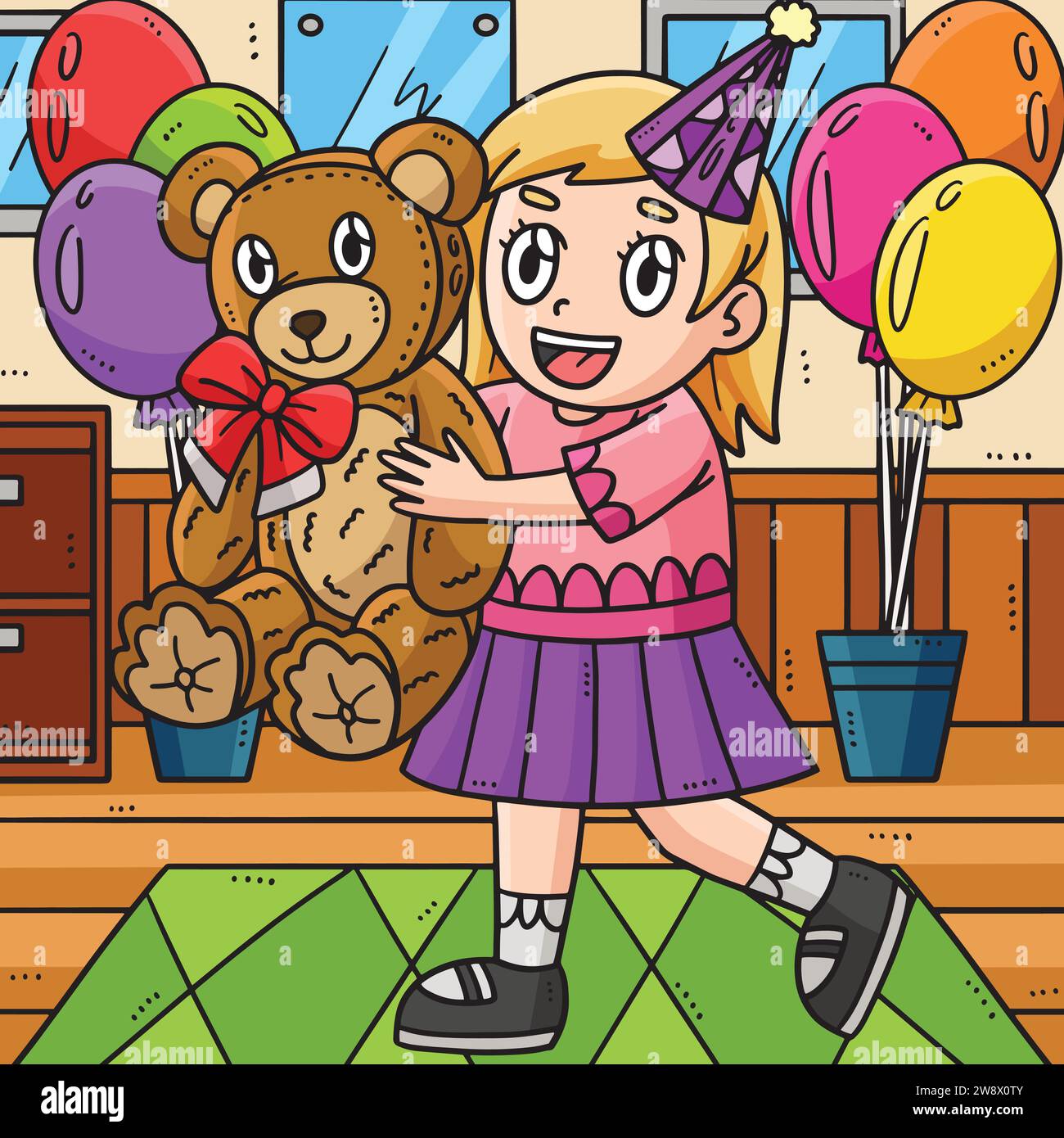 Birthday Girl Holding Teddy Bear Colored Cartoon Stock Vector Image