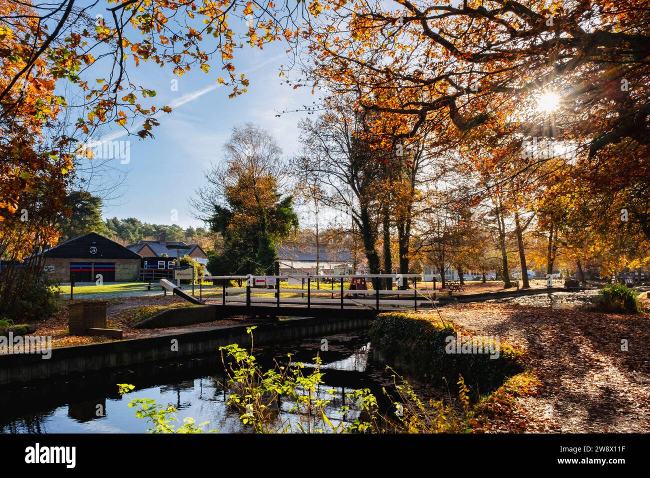 Swing bridge across the Basingstoke Canal to the Visitor Centre in autumn. Mytchett, Surrey, England, UK, Britain Stock Photo