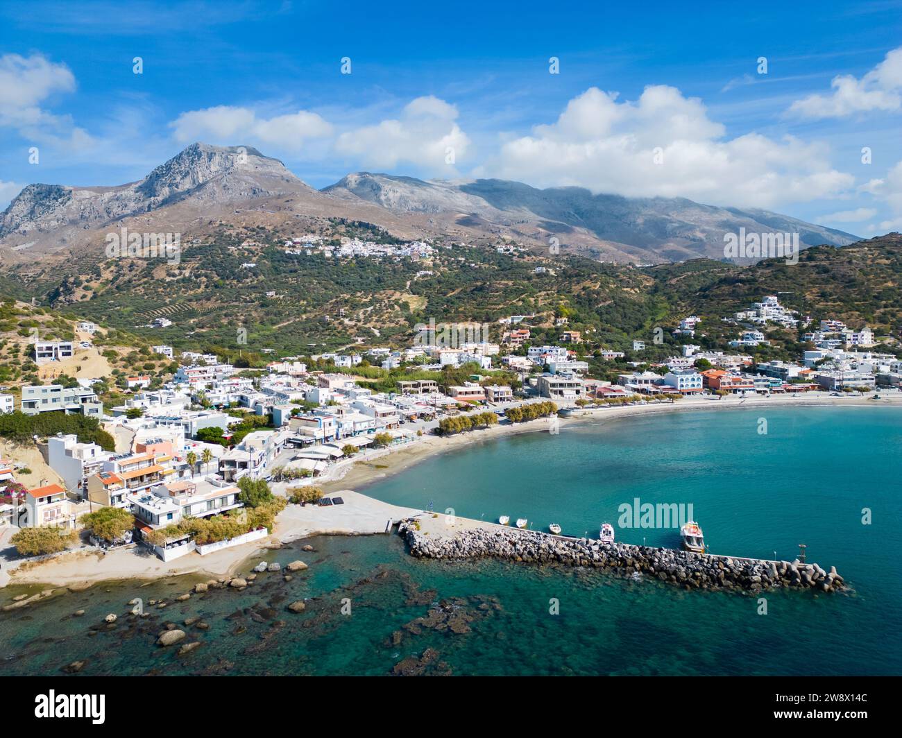 Aerial view to Plakias on the island of Crete in Greece, Europe during summer. Famous touristic travel destination. Stock Photo