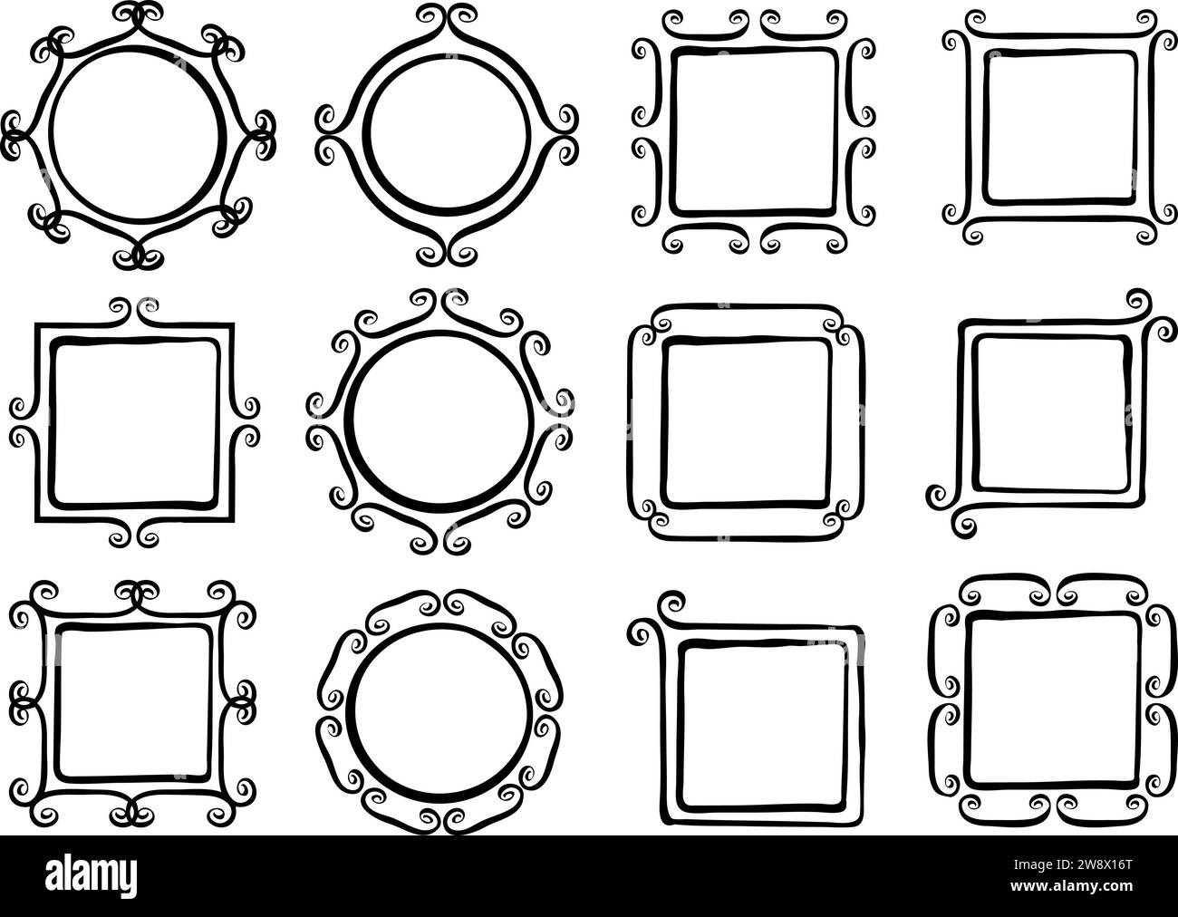 Set of cute hand drawn frames with whimsical swashes painted with ink brush. Doodle vector illustration Stock Vector